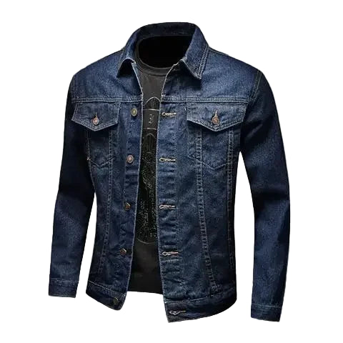 Blue denim jacket on a gray background