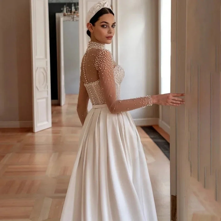 Luxurious Pearls High Collar Bridal Gown