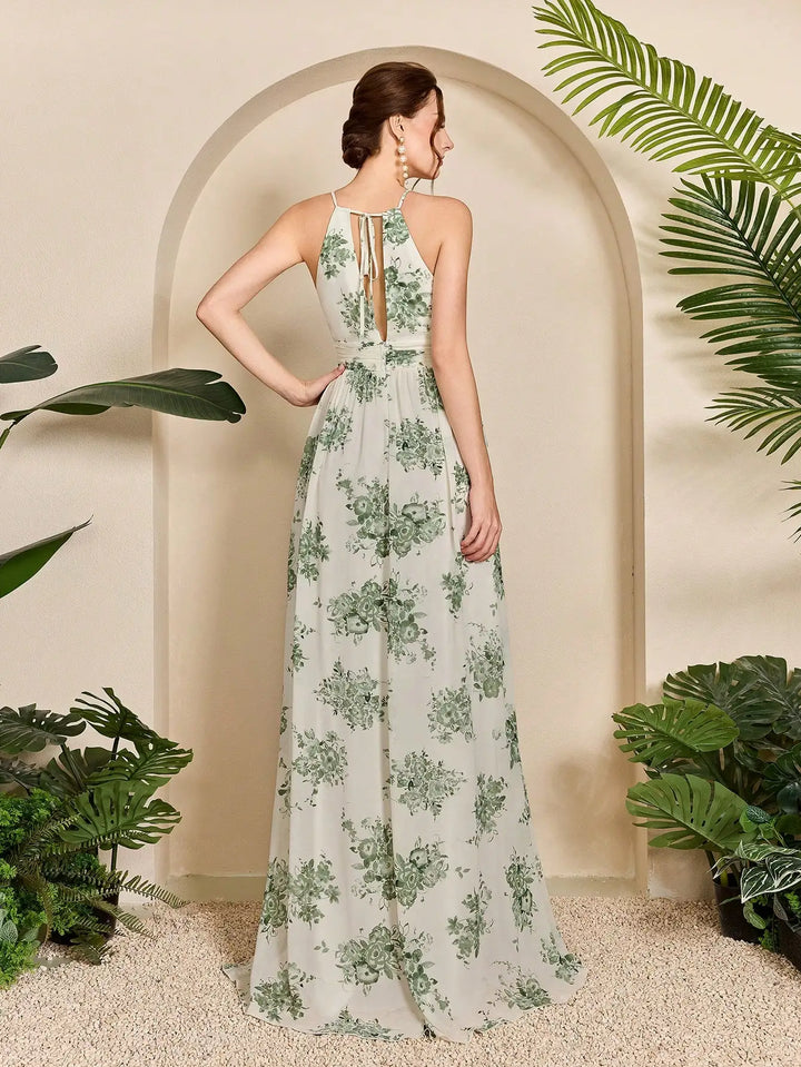Charming Floral Halter-Neck Long Chiffon Dress