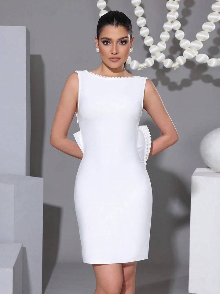 White Pearls Bow Evening Party Dress
