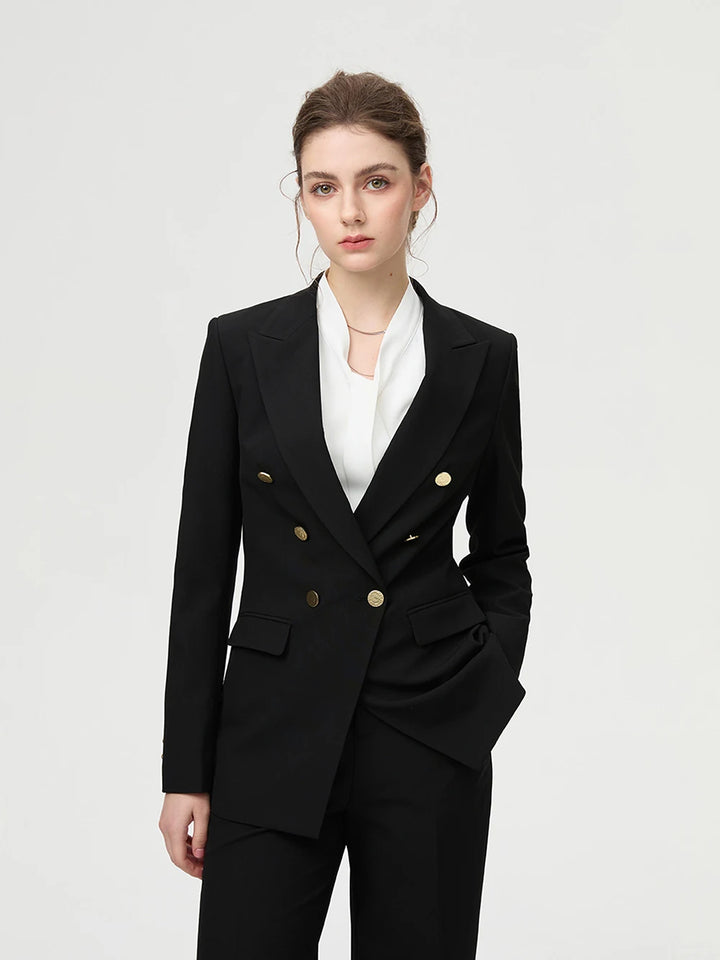 Women’s black two-piece office suit set featuring double-breasted blazer with gold buttons