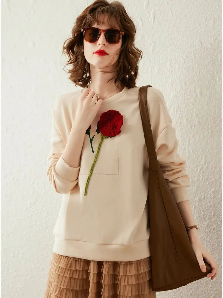 Drop Shoulder 3D Flower Sweatshirt