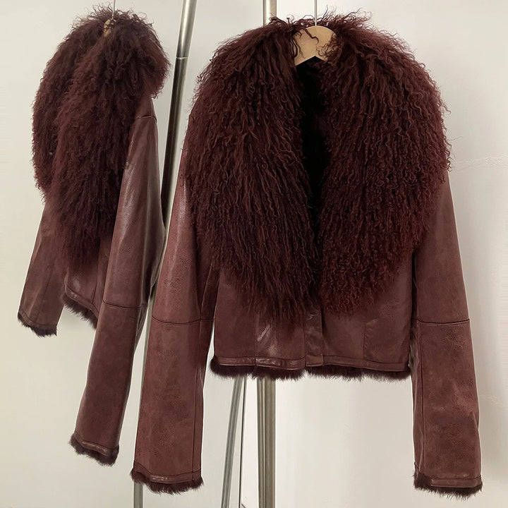 Burgundy suede wool coat with shaggy burgundy fur collar and matching fur cuffs