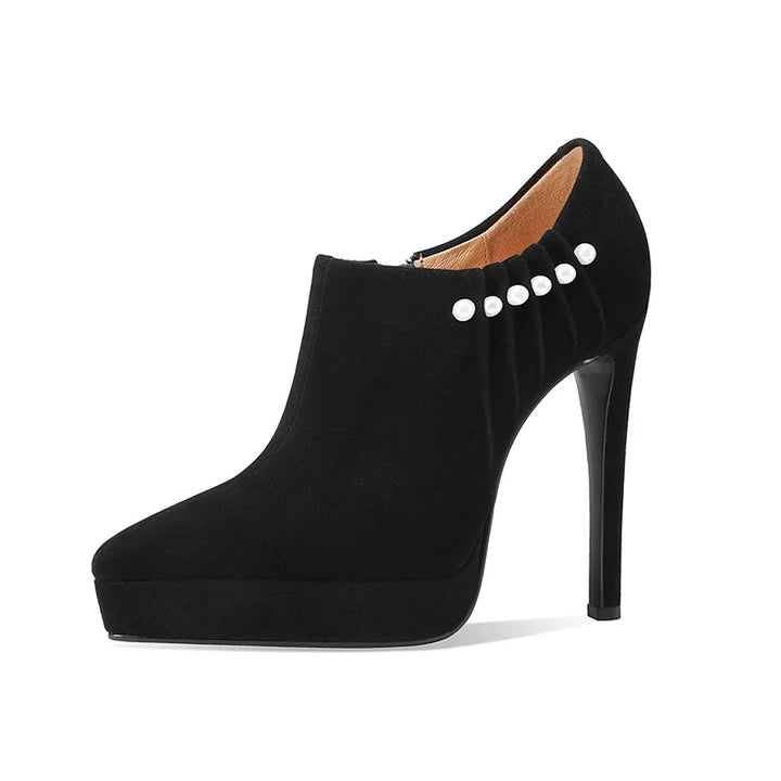 Black suede ankle heel pump with pearl-look strap trim and platform sole