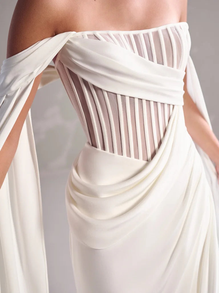 Elegant Crepe Sheath Wedding Gown With Pleated Detachable Waist