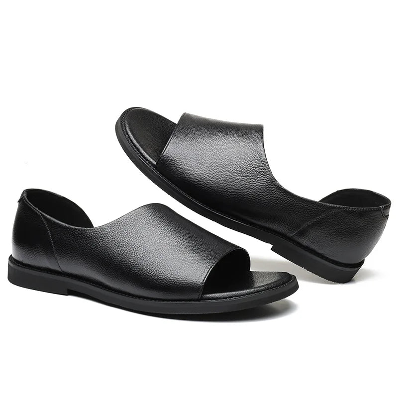 Black men's genuine leather slip-on sandals, open toe with textured upper