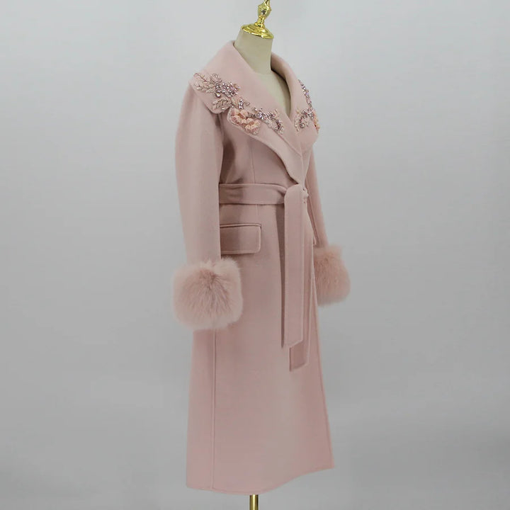 Stylish Cuffs Fur Cashmere Long Coat