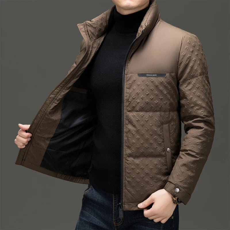 Men's thick duck down jacket in brown with stand collar, full front zipper, and chest pocket.