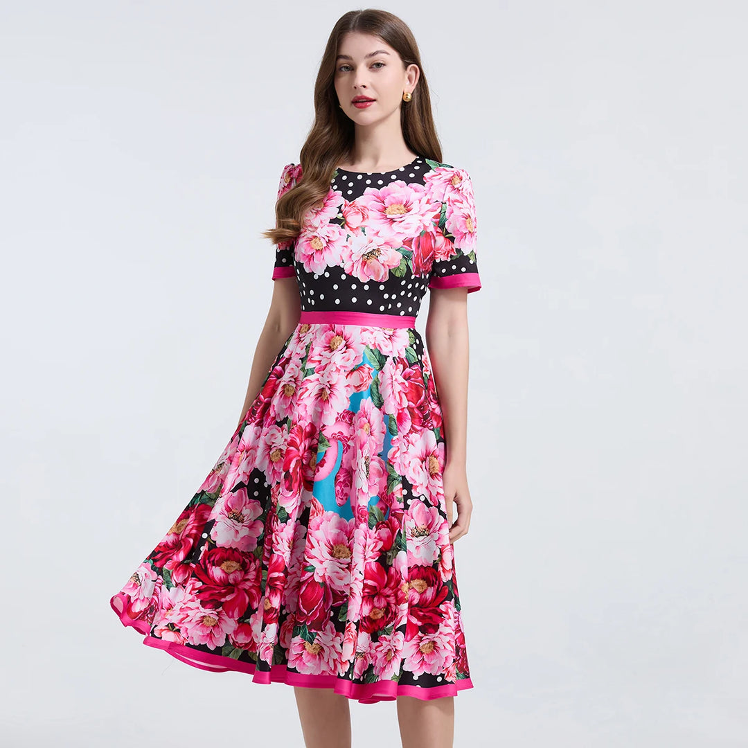 Elegant Short Sleeve Floral Mid Dress