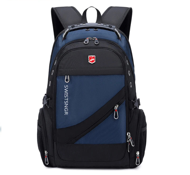 17-inch waterproof laptop backpack with dark blue front panel and diagonal zipper pocket