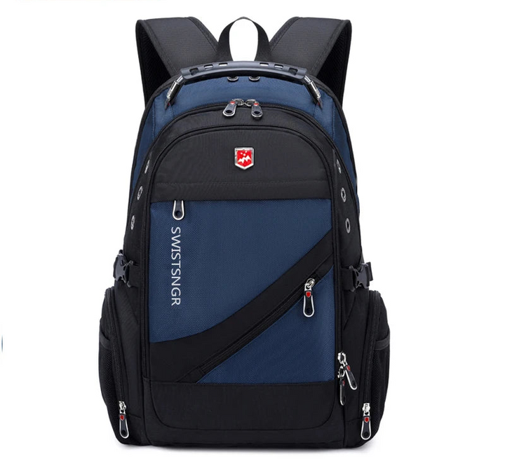 17-inch waterproof laptop backpack with dark blue front panel and diagonal zipper pocket