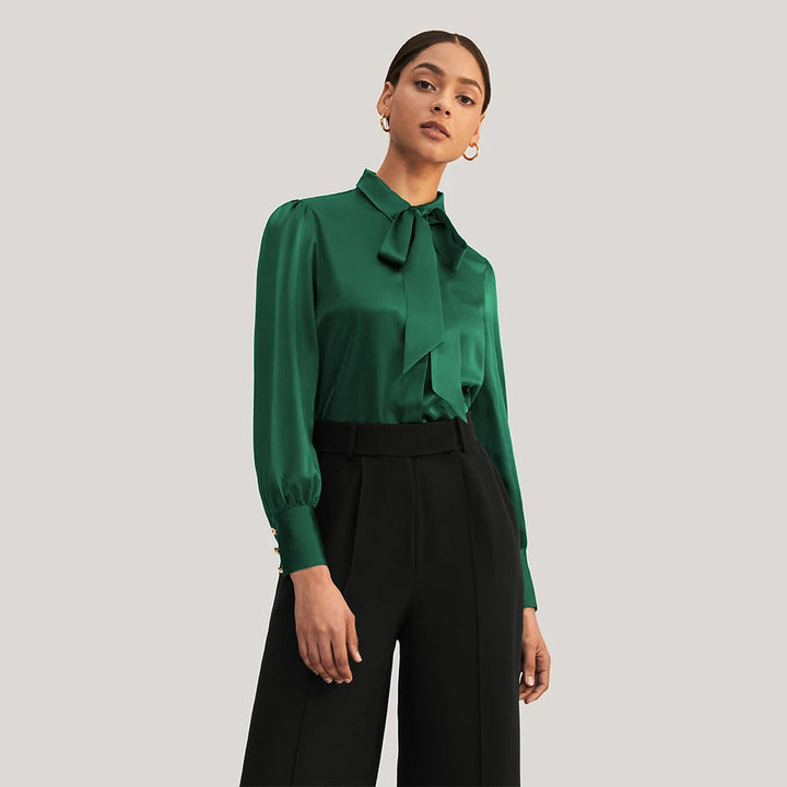 Refined Pure Silk Bow Tie Blouse