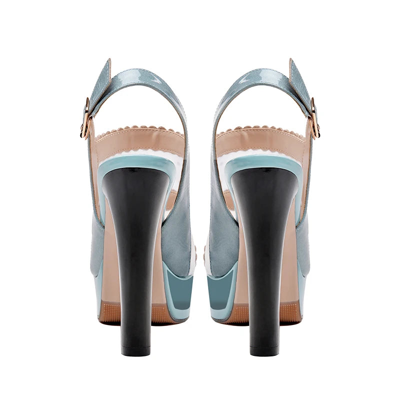 Blue peep-toe leather heel sandals with ankle strap buckle, rear view.
