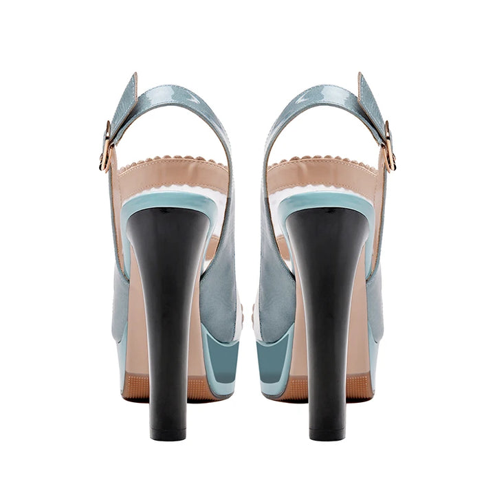 Blue peep-toe leather heel sandals with ankle strap buckle, rear view.