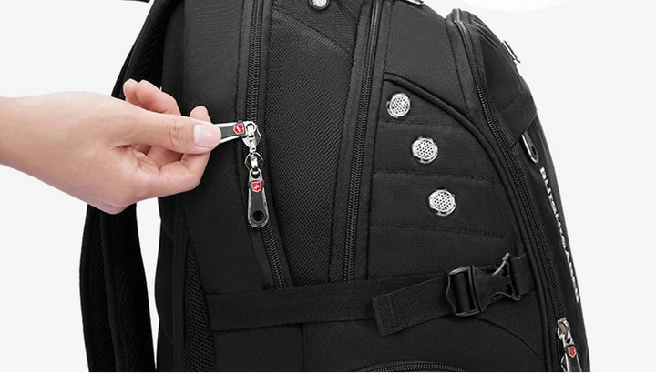 Black laptop backpack with zip pulls and key code lock on side zipper