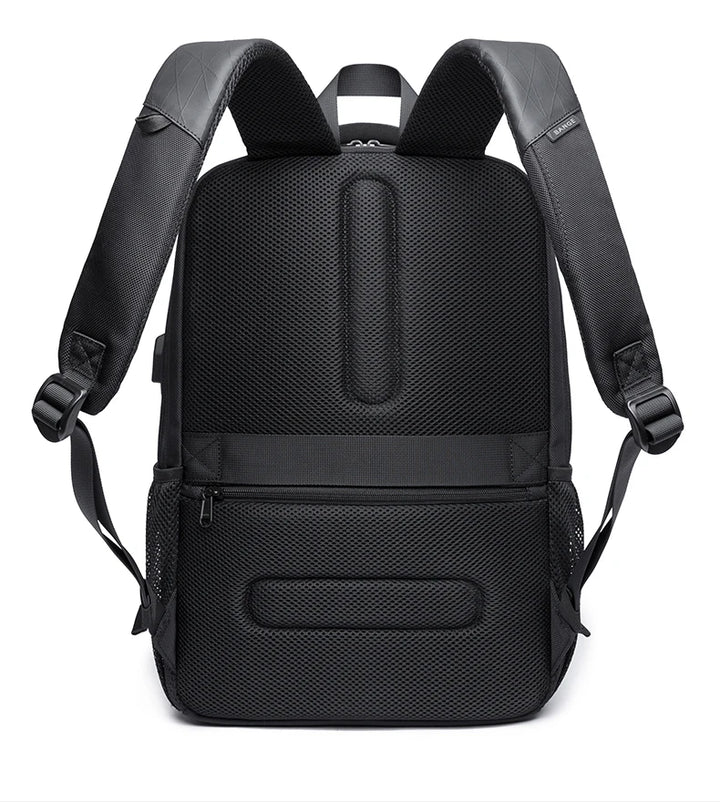 Black textured waterproof travel backpack with front zip pocket and padded shoulder straps
