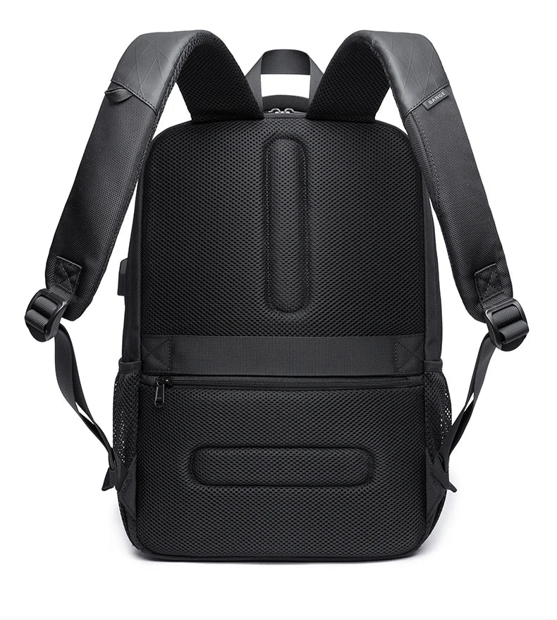 Men's travel backpack back panel with textured fabric, central handle, and adjustable straps