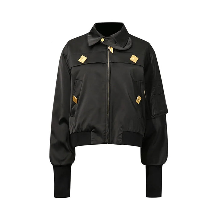 Black cropped fashion coat with zip front, stand collar, gold buttons and patch pockets.