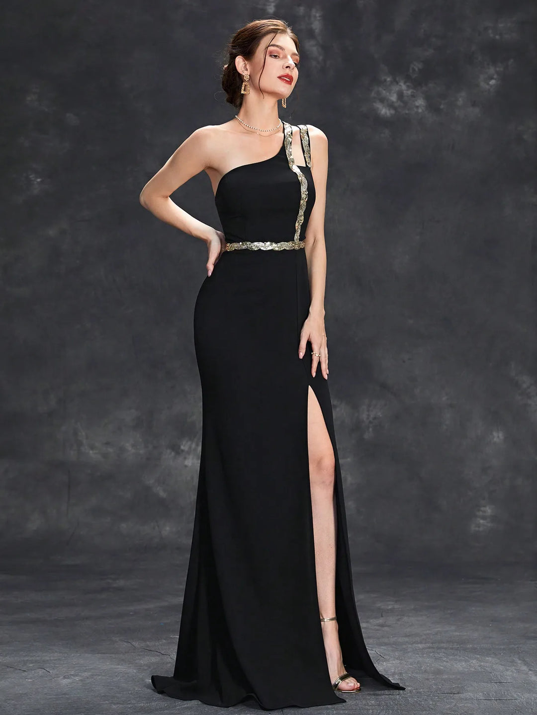 Radiant Sequins Ribbon Side Slit Gown
