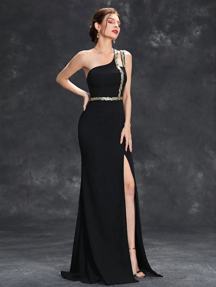 Radiant Sequins Ribbon Side Slit Gown