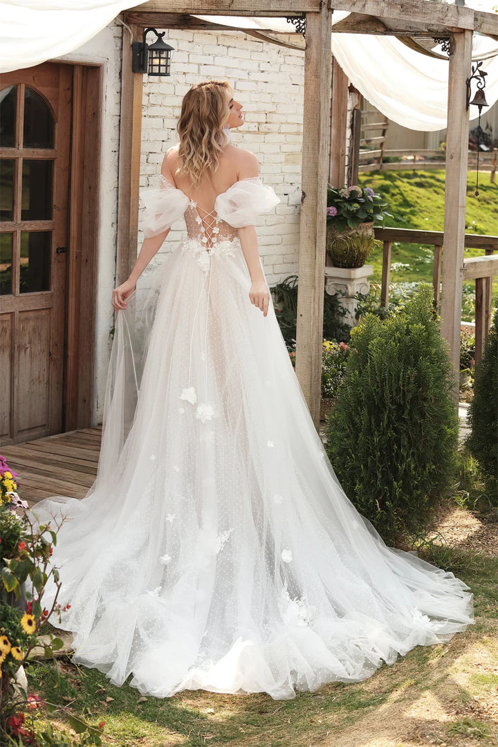 Side Slit 3D Floral A-line Wedding Gown