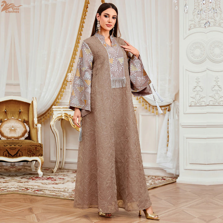 Notched Stand Collar Tassels Abaya Dress