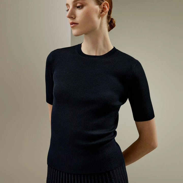 Elastic Fine Ribbed Knit Silk Shirts