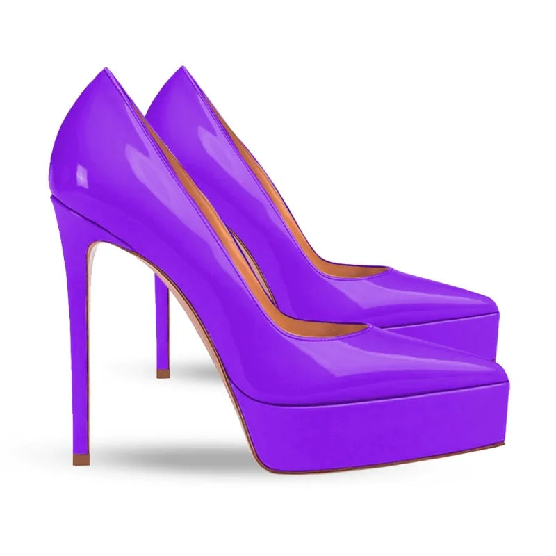 Purple patent leather platform heel pumps with pointed toe and tall stiletto heel
