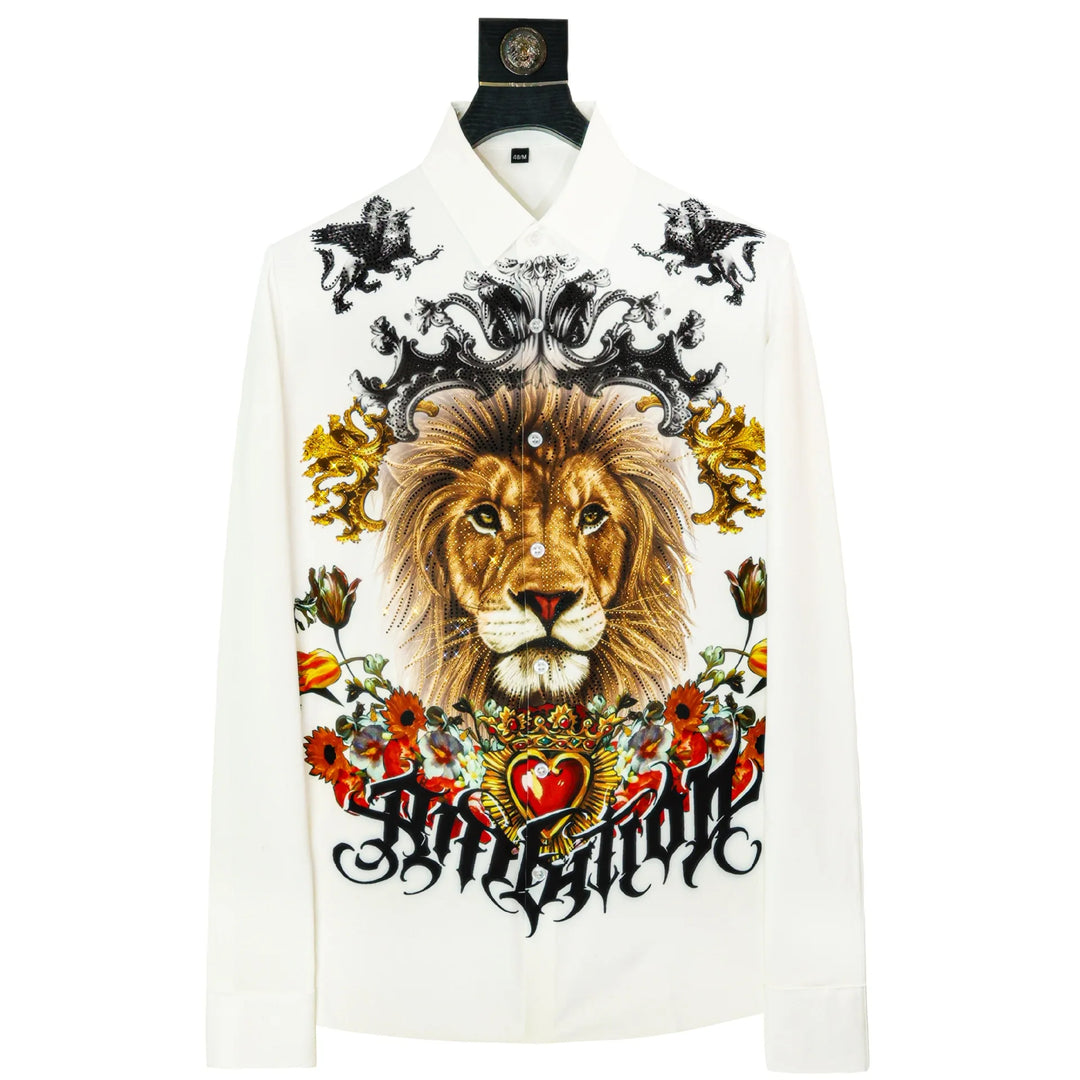 Full view of white men’s rhinestone shirt with lion portrait, black accents, and heart