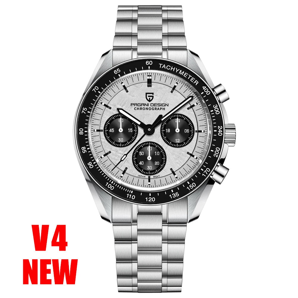 Silver Pagani Design watch with a white face on a white background