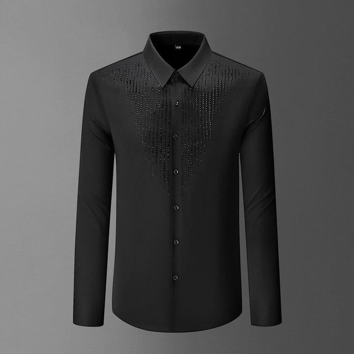 Black rhinestone casual shirt with studded shoulder panels and button front