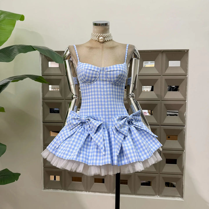 Refined Grid Bows Short Club Dress