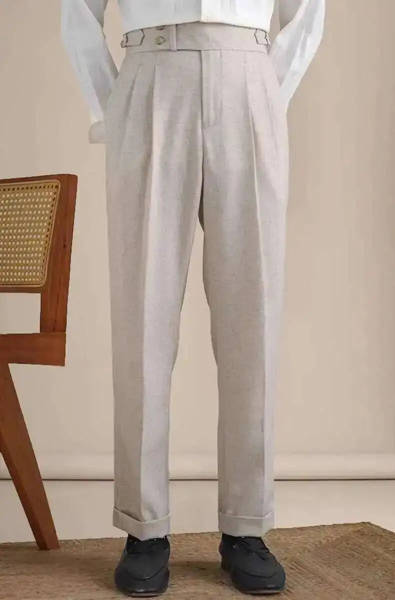 Light gray linen-blend formal pants with pleats and belt loops, front view