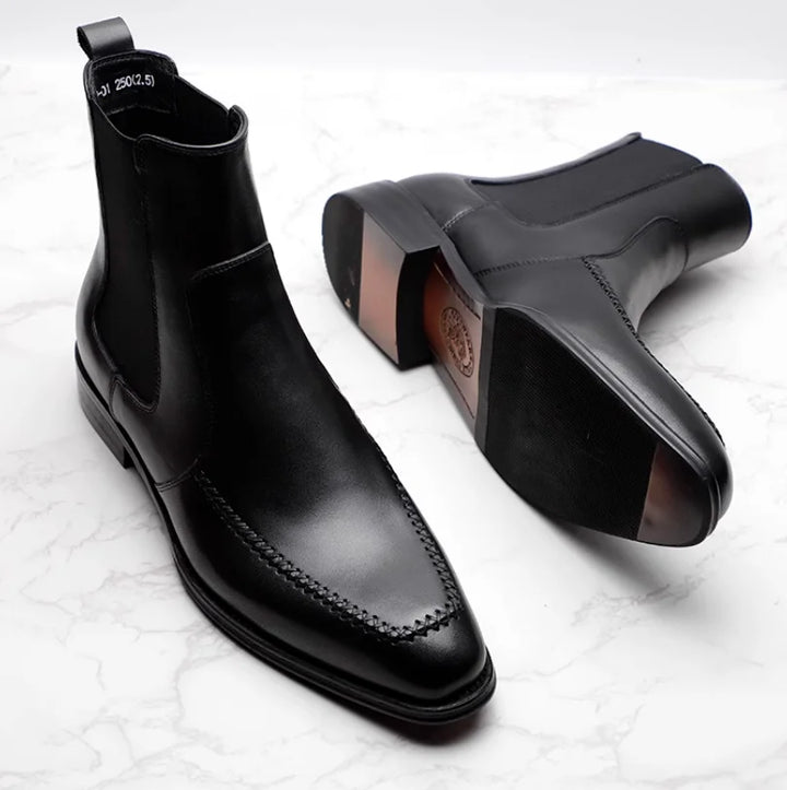 British Pointed Toe Cowhide Leather Chelsea Boots