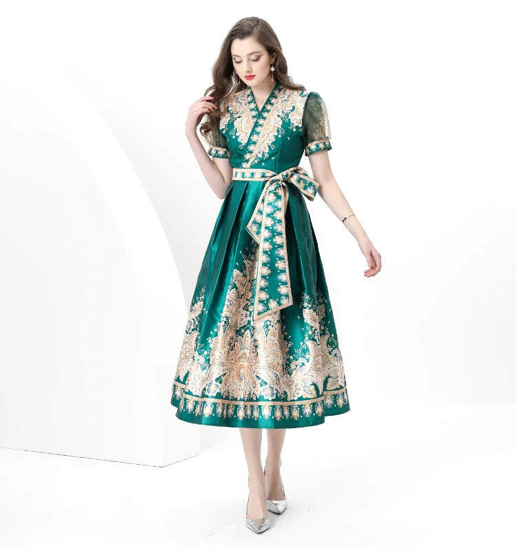 Puff Sleeve Sashes Lace-up Printed Dress