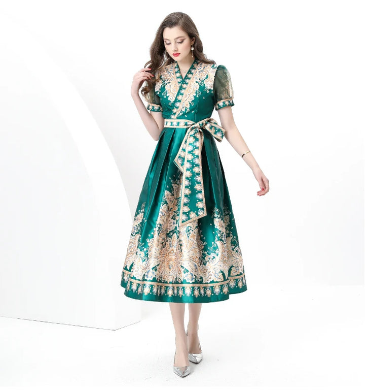 Puff Sleeve Sashes Lace-up Printed Dress