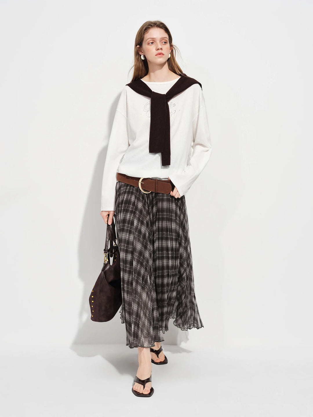 Sweet Flowing Draped Plaid Skirt