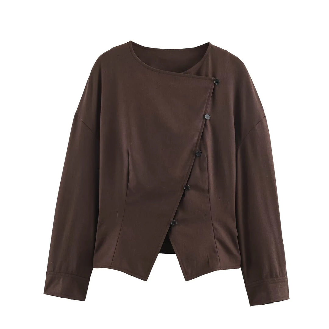 Dark brown O-neck wrap-style casual coat with diagonal button front, long sleeves