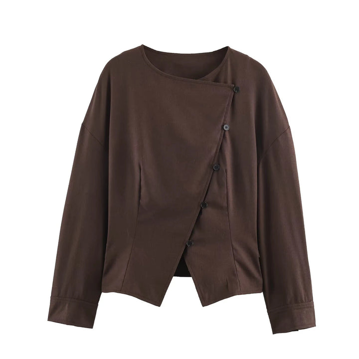 Dark brown O-neck wrap-style casual coat with diagonal button front, long sleeves