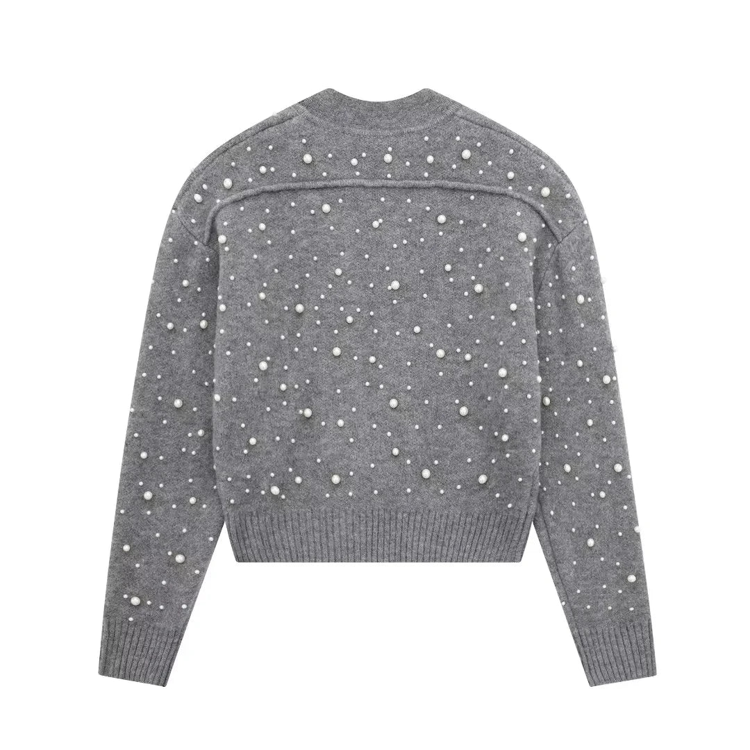 Sleek Pearl-Knit Cardigan Sweater