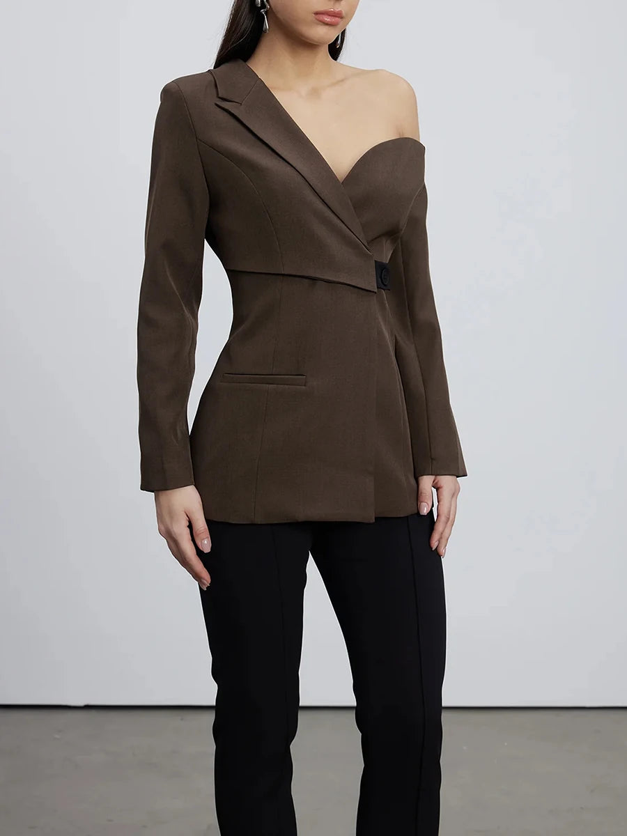 Coffee brown one-shoulder blazer with angled lapel, front flap pocket, long sleeves