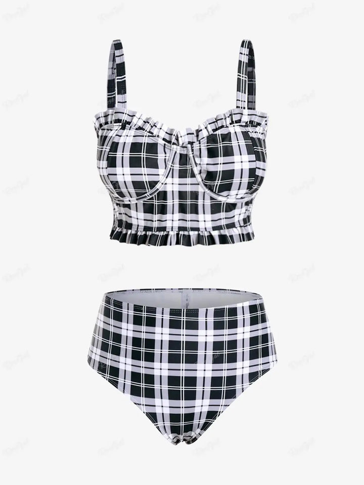 Refined Padded Plaid Three Piece Swimwear