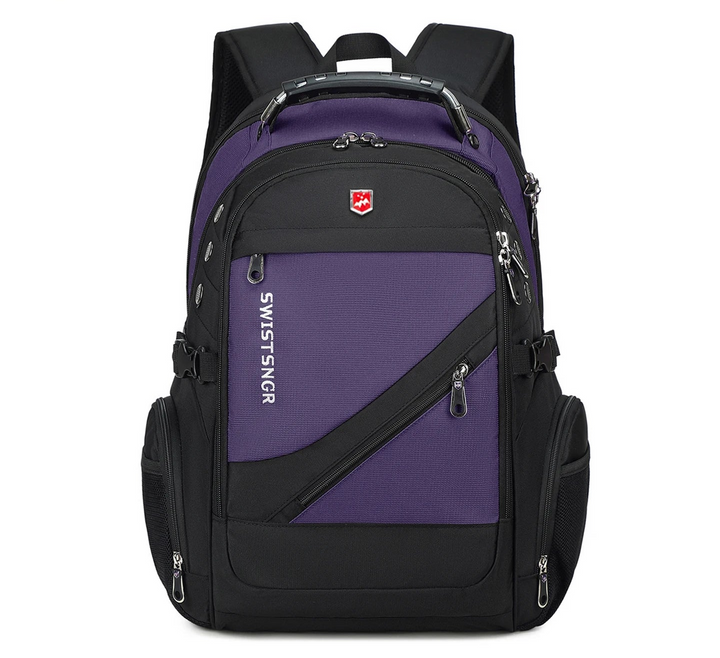 17-inch waterproof laptop backpack with purple front panel and diagonal zipper pocket