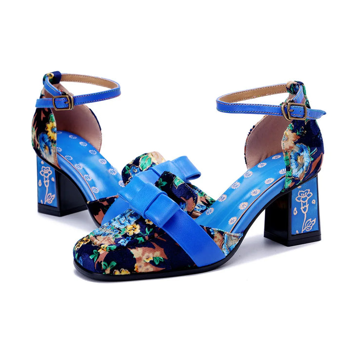 Blue floral heeled sandals, wide toe strap, ankle buckle, black square heel