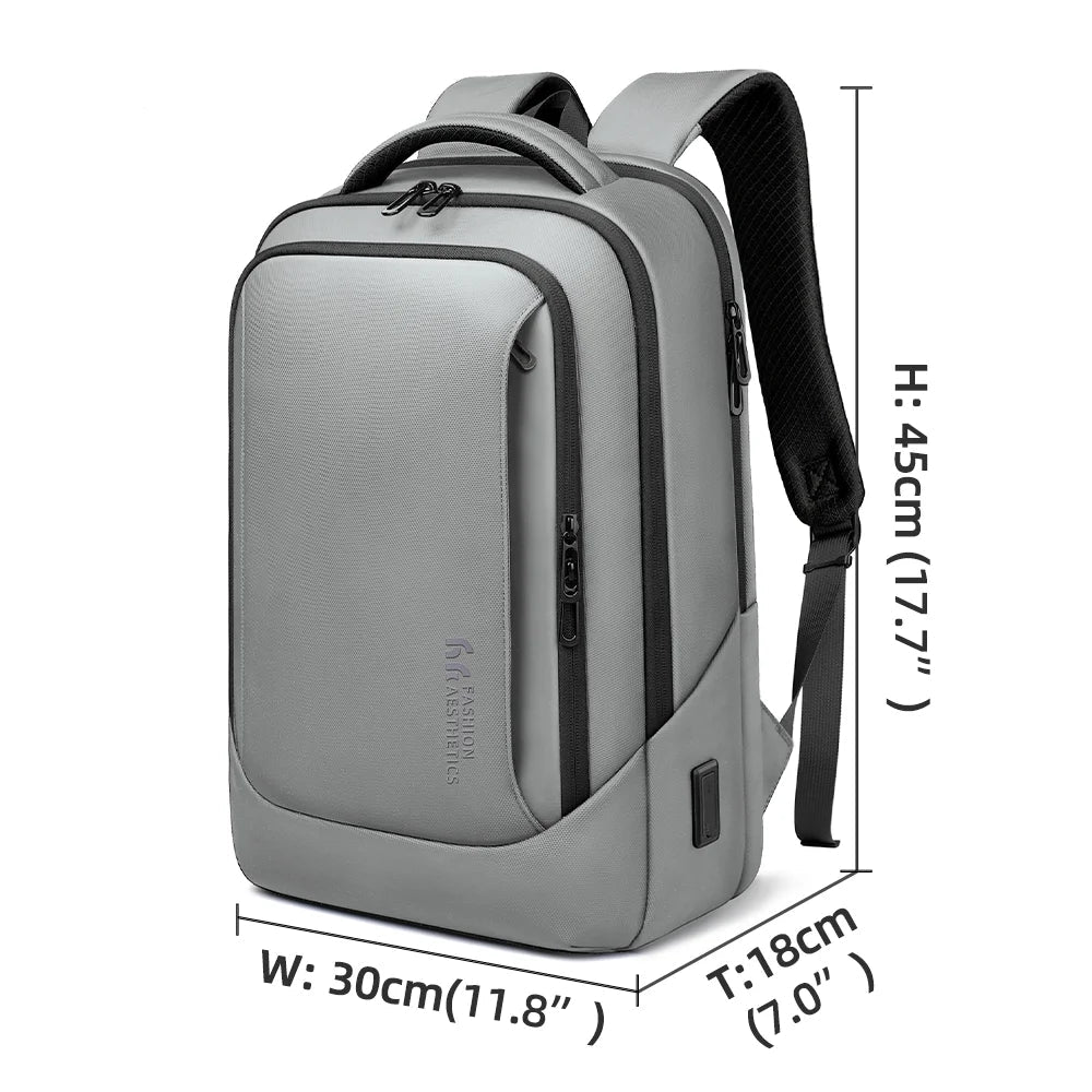 Light grey waterproof business backpack with padded straps and front zip compartment