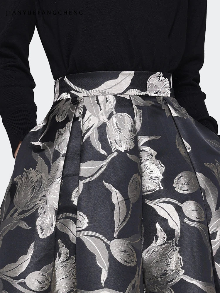 Classic Grey Floral Mid-Length Skirt