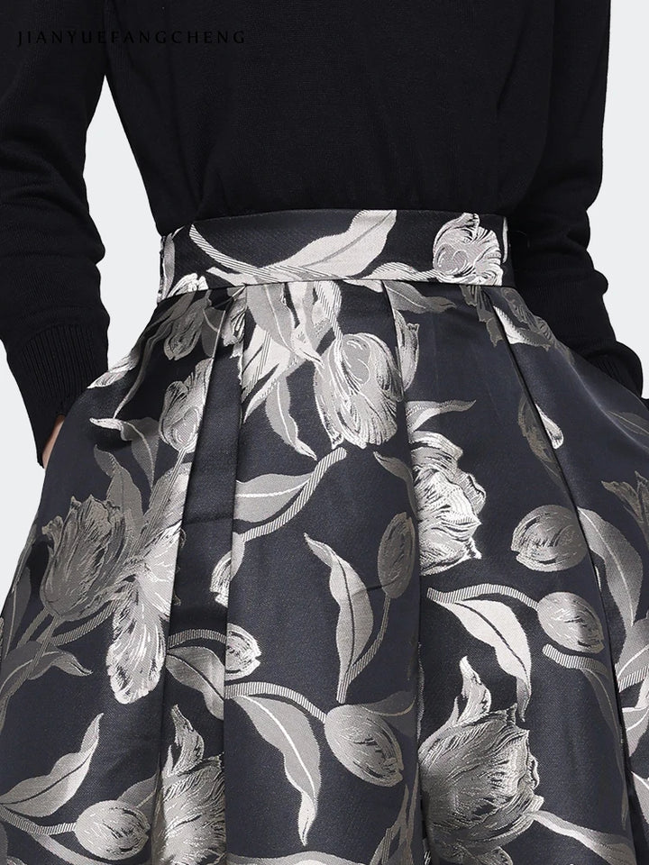 Classic Grey Floral Mid-Length Skirt