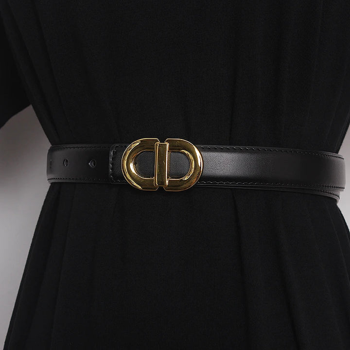Black narrow leather waist belt with gold-tone double D buckle and punched holes