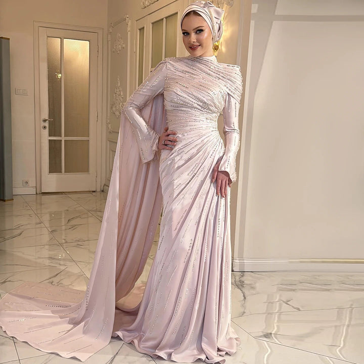 Charming Cape Draped Beaded Arabic Gown