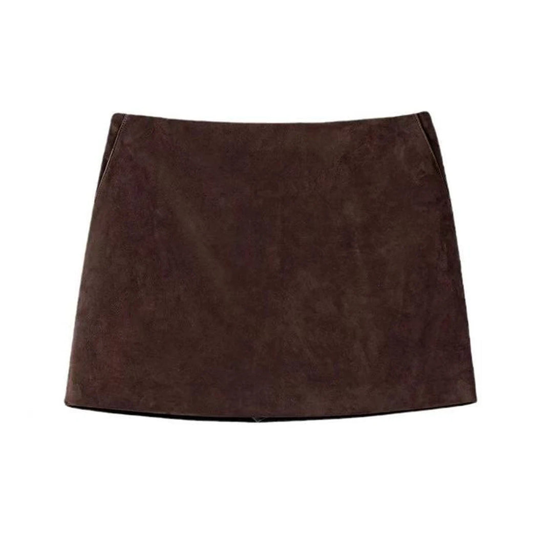 Dark brown suede mini skirt with simple waistband and straight hem
